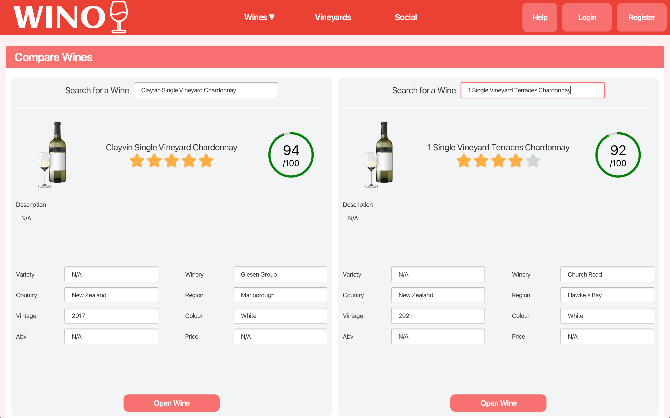Screenshot of the comparing wines page in the app