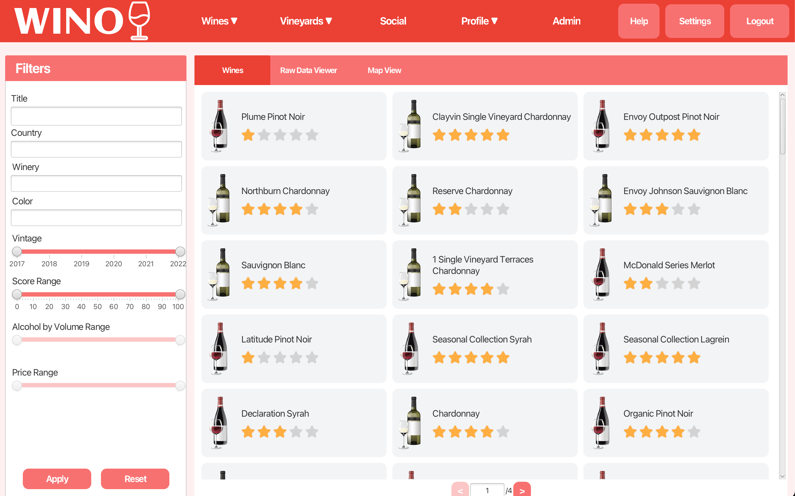 Screenshot of the wines page in the app